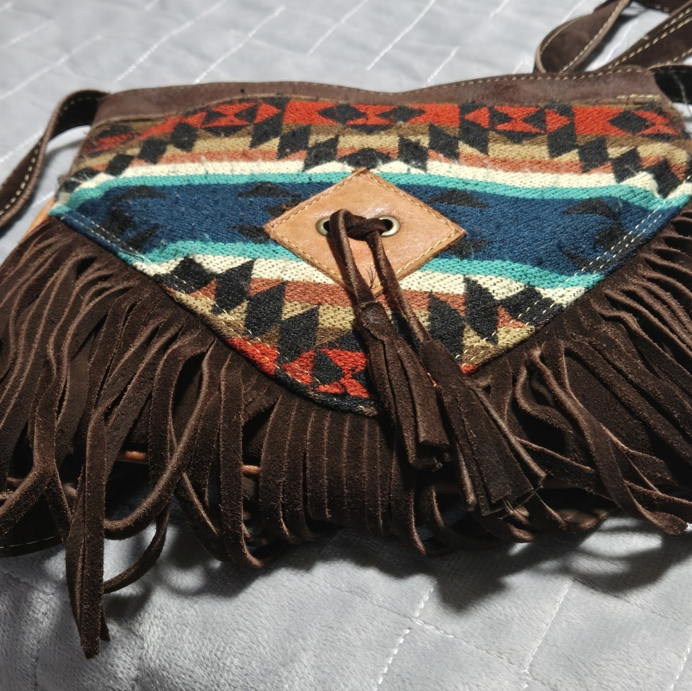 Bohemian Fringe Crossbody Leather Bag - Brown and Multicolor